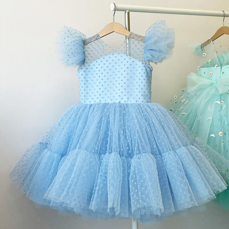 Mesh Folds Short Sleeve Midi Dresses - Sky Blue - 12-13Y - image 3
