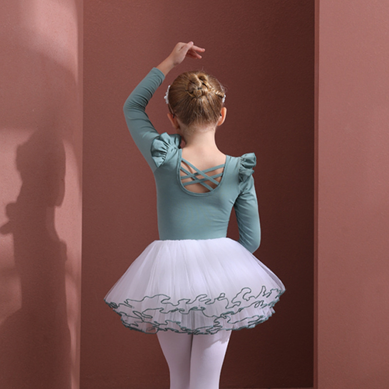 Mesh Folds Ballet Long Sleeve Regular Dresses - Army Green - 12-13Y - image 13