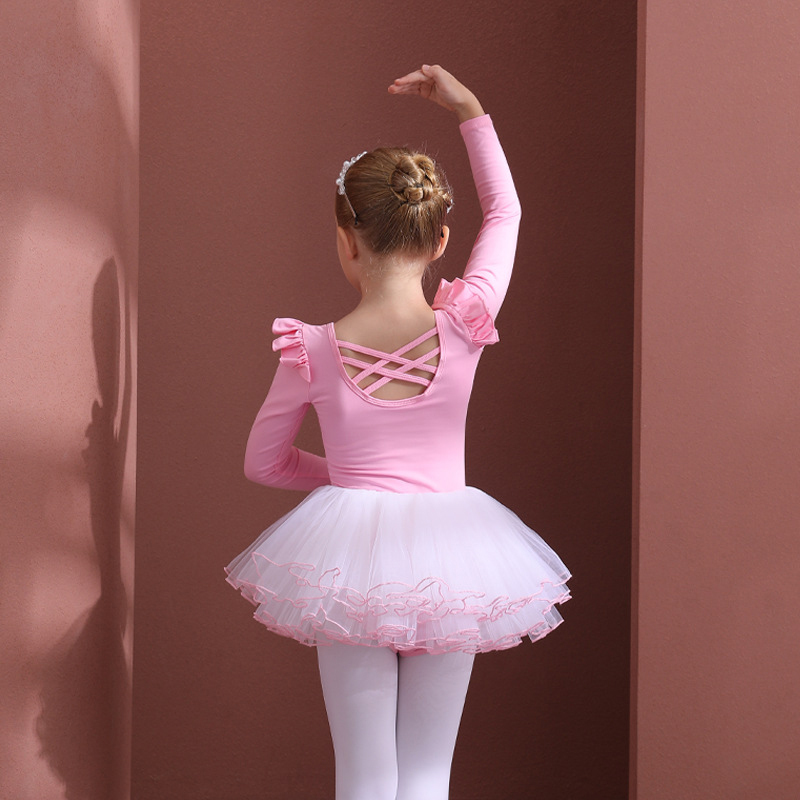 Mesh Folds Ballet Long Sleeve Regular Dresses - Pink - 12-13Y - image 2