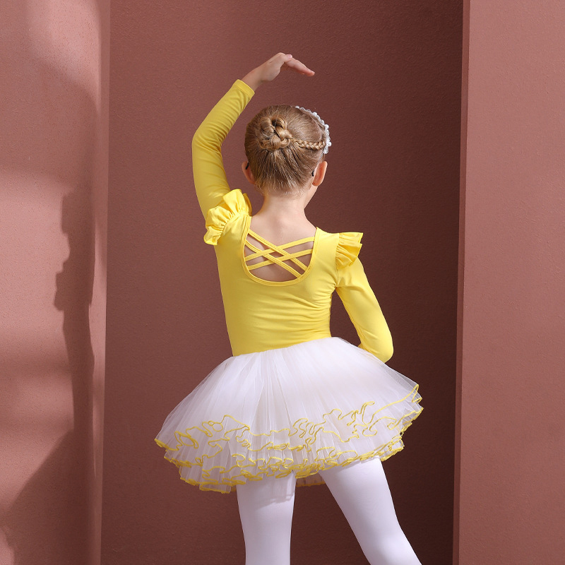 Mesh Folds Ballet Long Sleeve Regular Dresses - Yellow - 12-13Y - image 16
