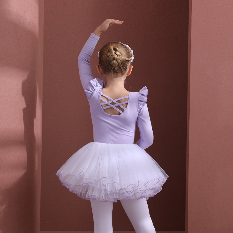 Mesh Folds Ballet Long Sleeve Regular Dresses - Purple - 12-13Y - image 3