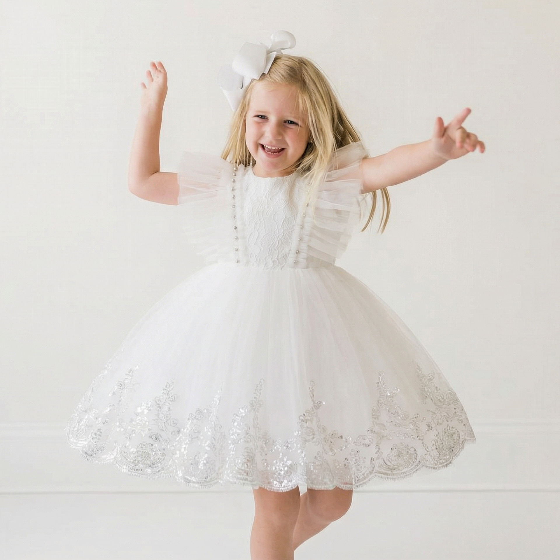 Mesh Applique Cap Sleeve Midi Dresses - White - 9-10Y - image 2