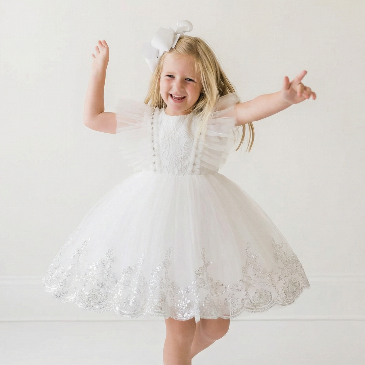 Mesh Applique Cap Sleeve Midi Dresses - White - 9-10Y - image 2