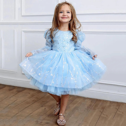 Glitter Bow Sequins Long Sleeve Regular Dresses - Light Blue - 7Y - image 1