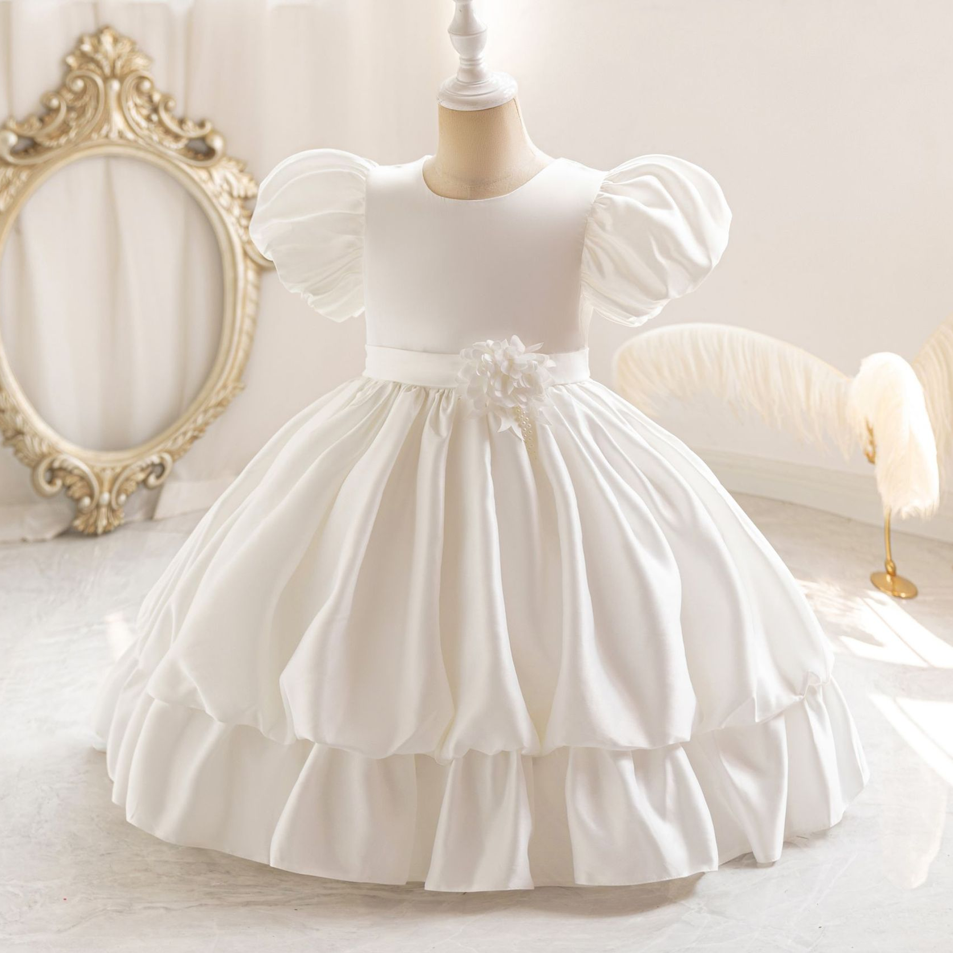 Satin Tiered Short Sleeve Midi Dresses - White - 12-13Y - image 4