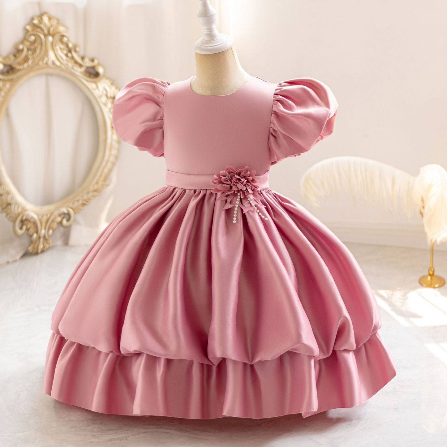 Satin Tiered Short Sleeve Midi Dresses - Dark Pink - 12-13Y - image 6