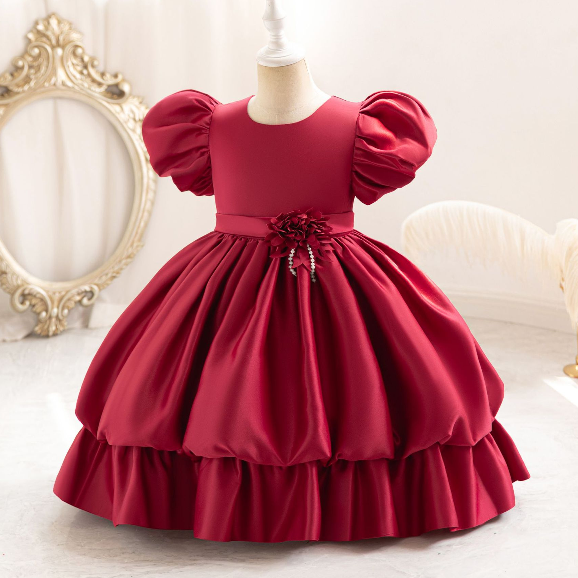 Satin Tiered Short Sleeve Midi Dresses - Red - 12-13Y - image 9