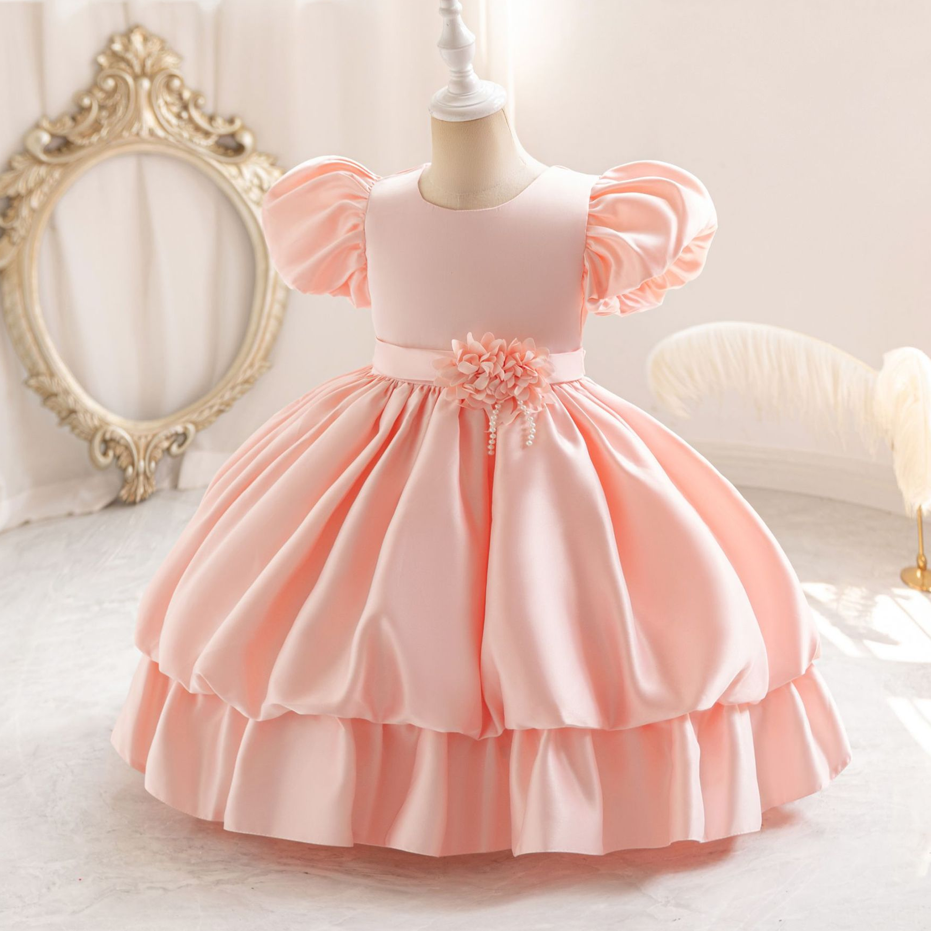 Satin Tiered Short Sleeve Midi Dresses - Light Pink - 12-13Y - image 1