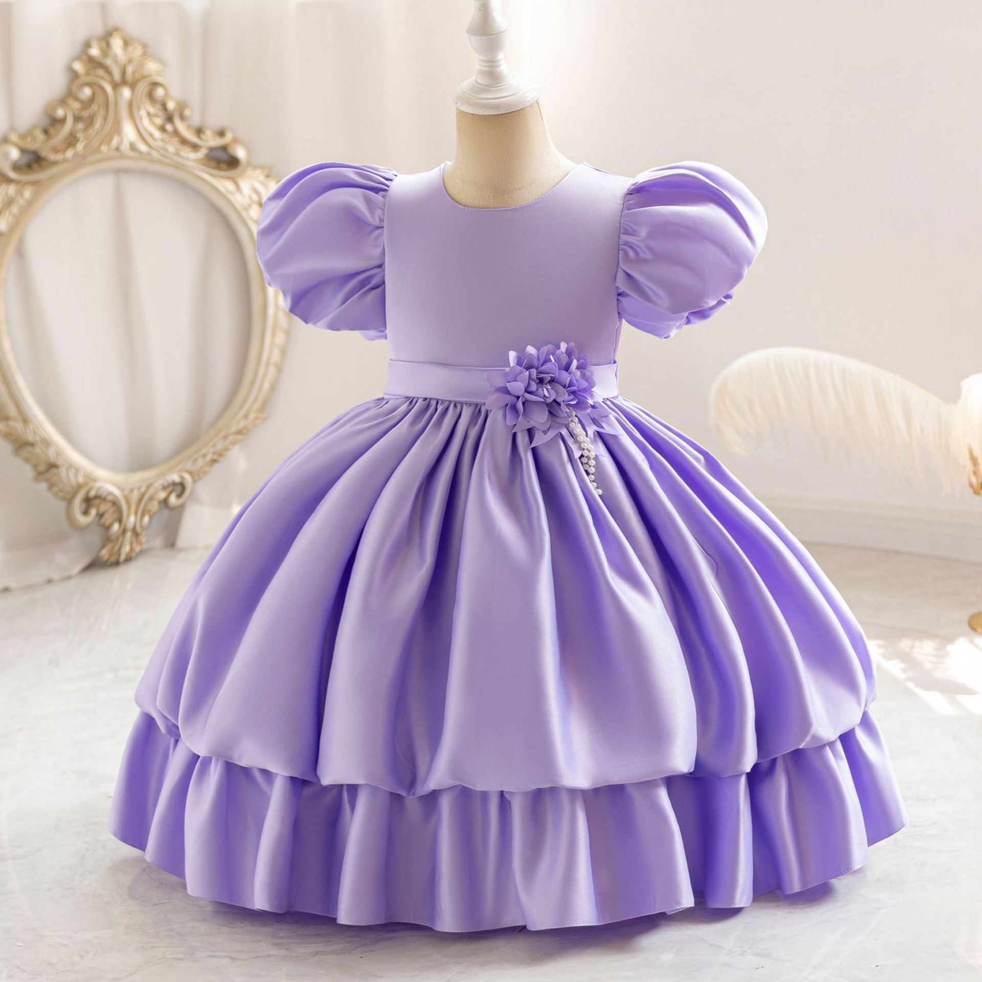 Satin Tiered Short Sleeve Midi Dresses - Purple - 12-13Y - image 12
