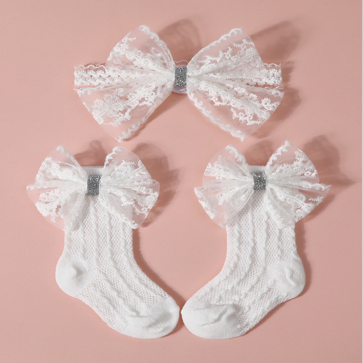 Solid With Bow Socks And Hairband - White - 0-1Y - image 2
