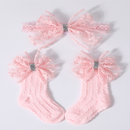 Solid With Bow Socks And Hairband - Pink - 0-1Y - image 4
