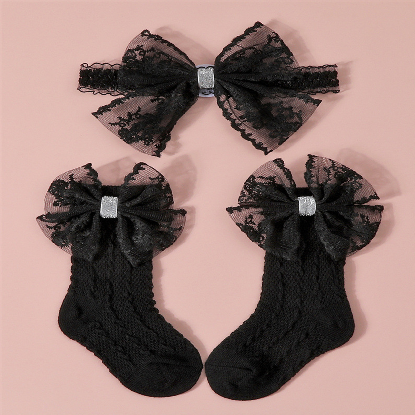 Solid With Bow Socks And Hairband - Black - 0-1Y - image 10