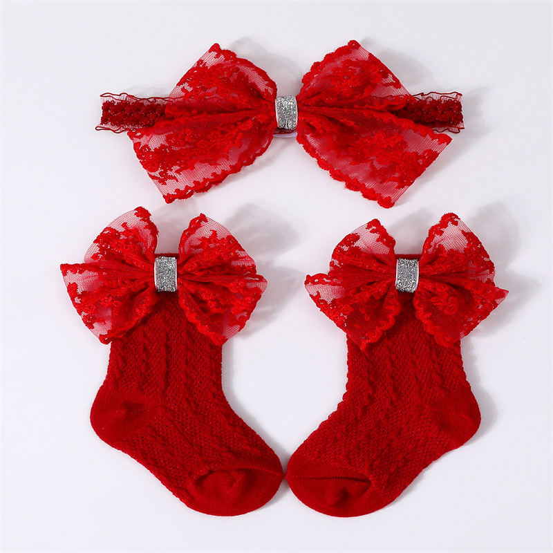 Solid With Bow Socks And Hairband - Red - 0-1Y - image 8