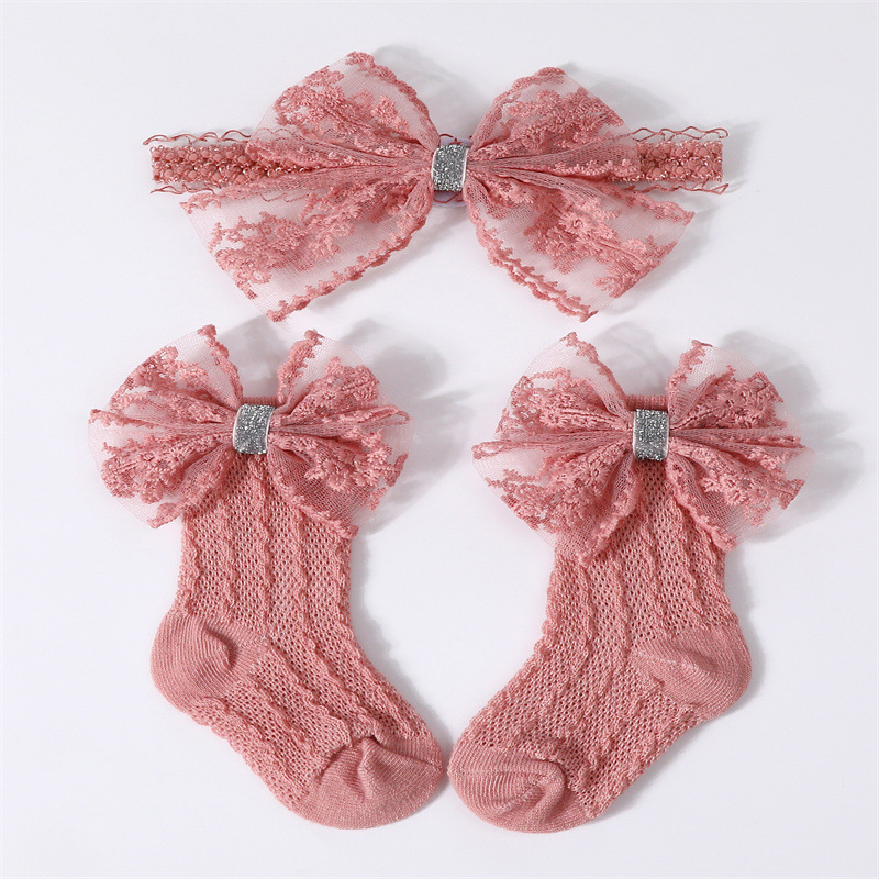 Solid With Bow Socks And Hairband - Dark Pink - 0-1Y - image 12