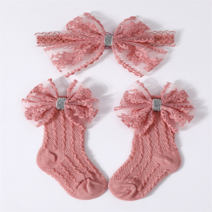 Solid With Bow Socks And Hairband - Dark Pink - 0-1Y - image 12