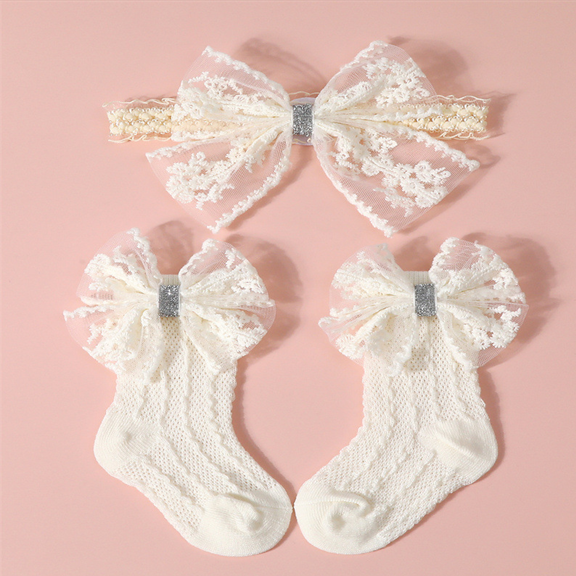 Solid With Bow Socks And Hairband - Beige - 0-1Y - image 6
