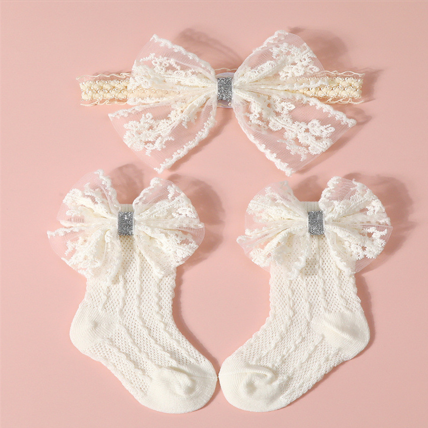 Solid With Bow Socks And Hairband - Beige - 0-1Y - image 6