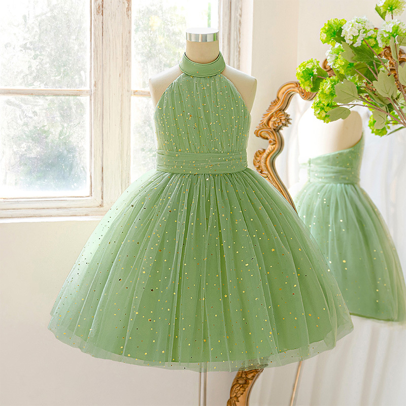 Mesh Sequins Short Sleeve Midi Dresses - Green - 12Y - image 1