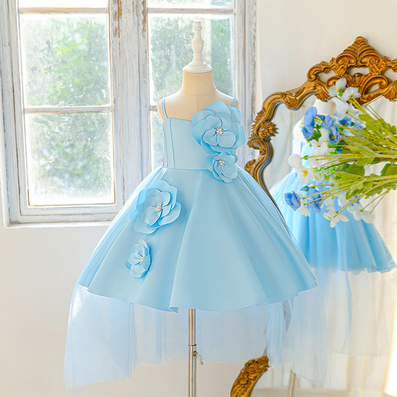 Satin Rosette Short Sleeve Midi Dresses - Sky Blue - 8Y - image 1