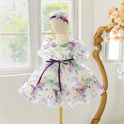 Organza Bow Printing Short Sleeve Midi Dresses - image 5