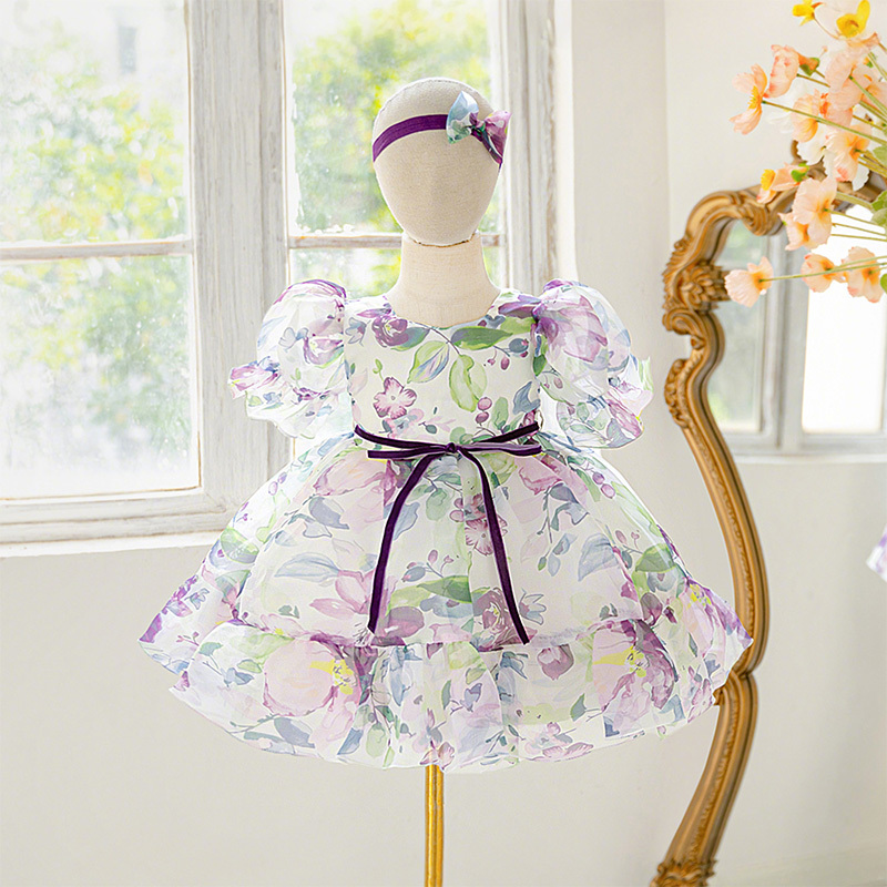 Organza Bow Printing Short Sleeve Midi Dresses - Purple - 2-3Y - image 3