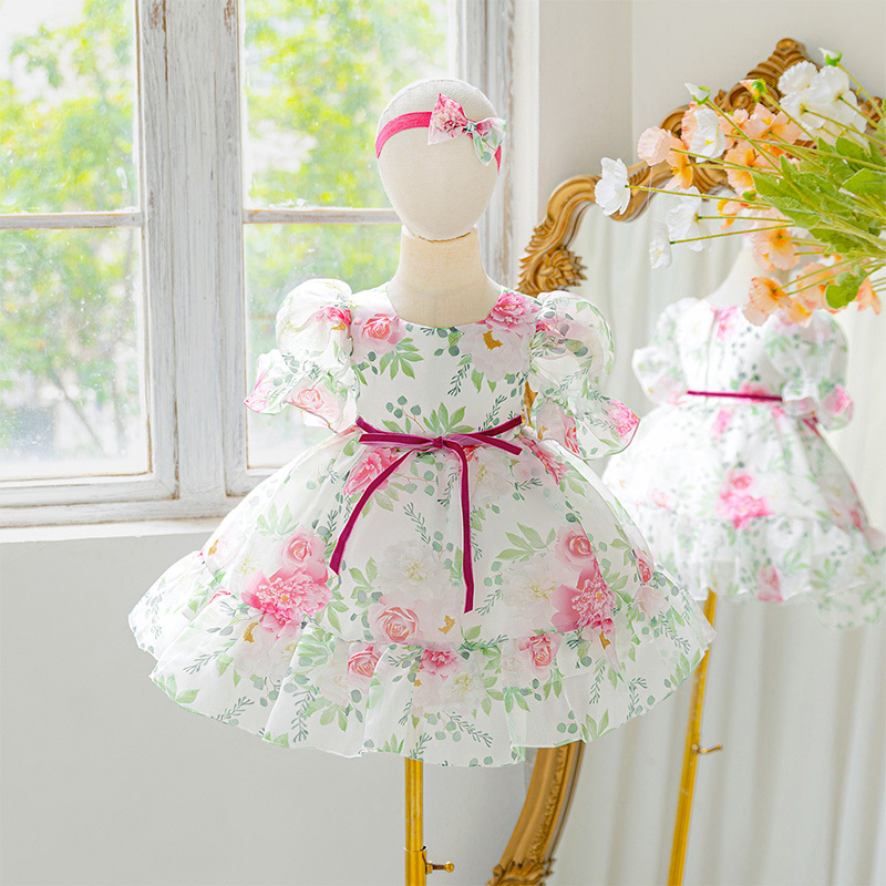 Organza Bow Printing Short Sleeve Midi Dresses - Rose - 2-3Y - image 13