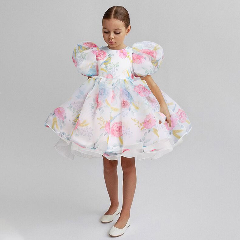 Organza Bow Printing Short Sleeve Midi Dresses - White - 7-8Y - image 1