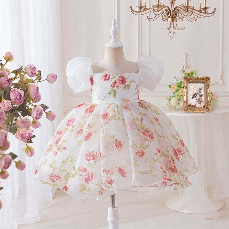 Organza Bow Split Joint Printing Short Sleeve Midi Dresses - Red - 8-9Y - image 1