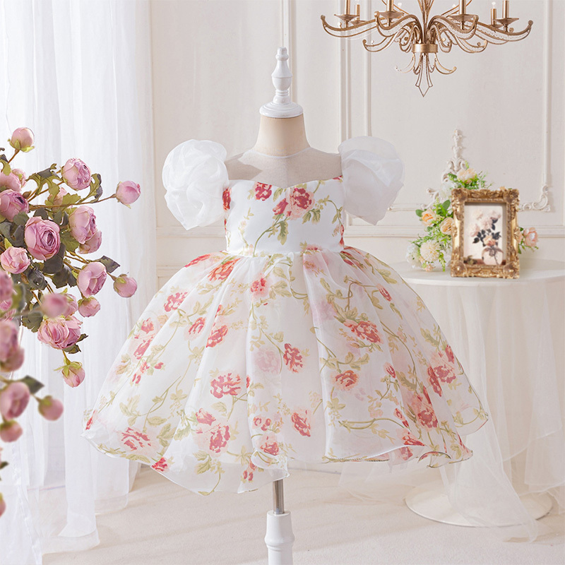 Organza Bow Split Joint Printing Short Sleeve Midi Dresses - Red - 8-9Y - image 1