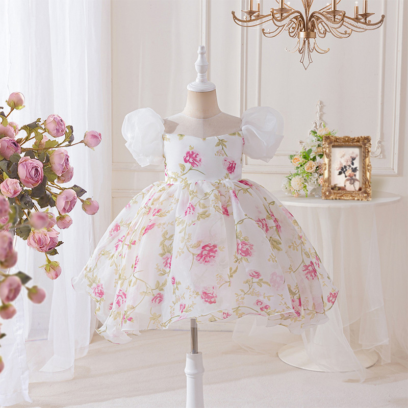 Organza Bow Split Joint Printing Short Sleeve Midi Dresses - Rose - 8-9Y - image 15