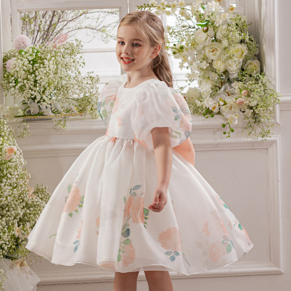 Organza Bow Short Sleeve Midi Dresses - Orange - 8Y - image 9