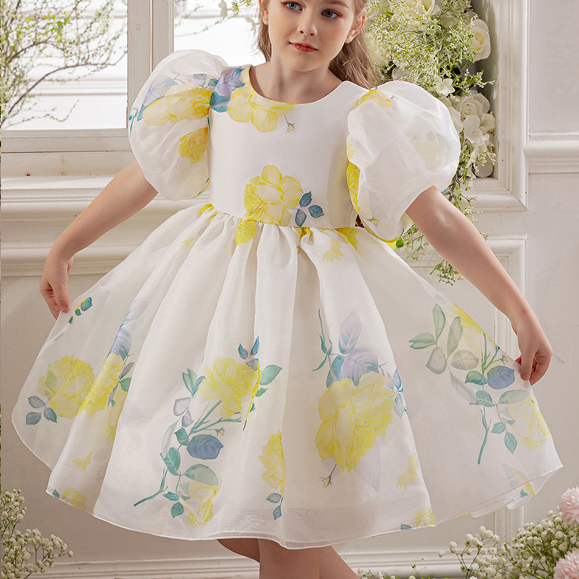 Organza Bow Short Sleeve Midi Dresses - Yellow - 8Y - image 15