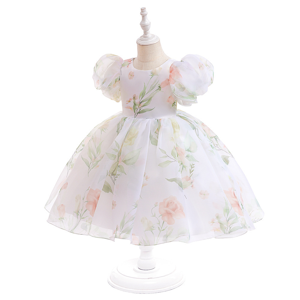 Organza Bow Printing Short Sleeve Midi Dresses - Pink - 8-9Y - image 19