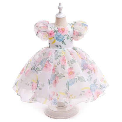 Organza Bow Printing Short Sleeve Midi Dresses - Dark Pink - 7-8Y - image 13