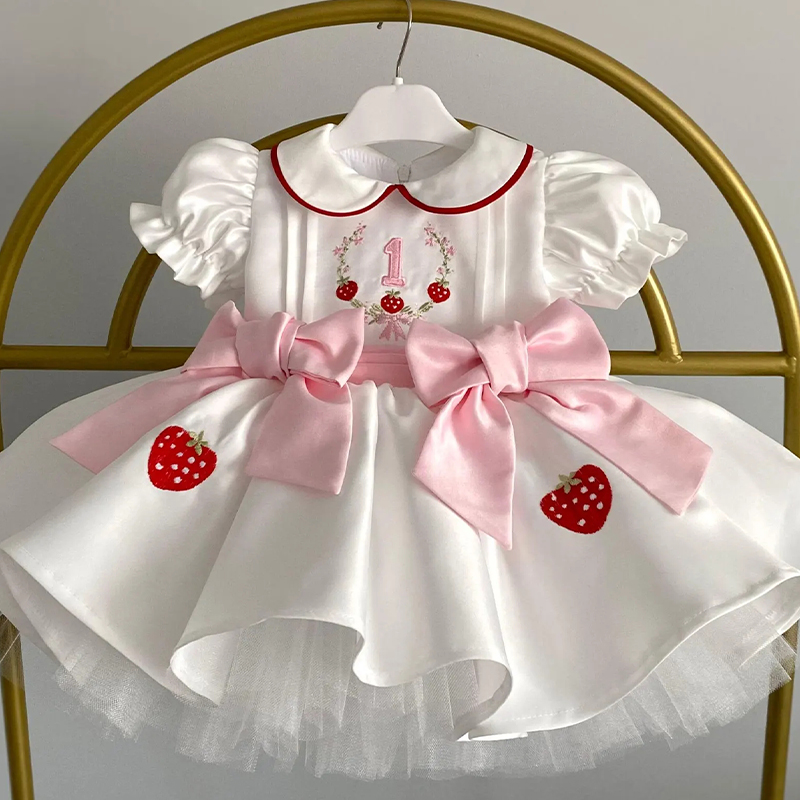 Satin Bow Short Sleeve Midi Dresses - White - 1Y - image 1