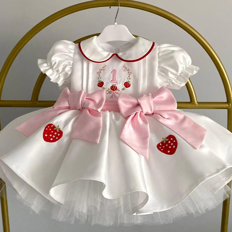 Satin Bow Short Sleeve Midi Dresses - White - 1Y - image 1