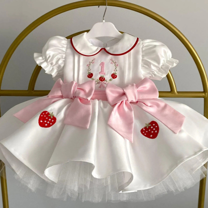 Satin Bow Short Sleeve Midi Dresses - White - 1Y - image 1