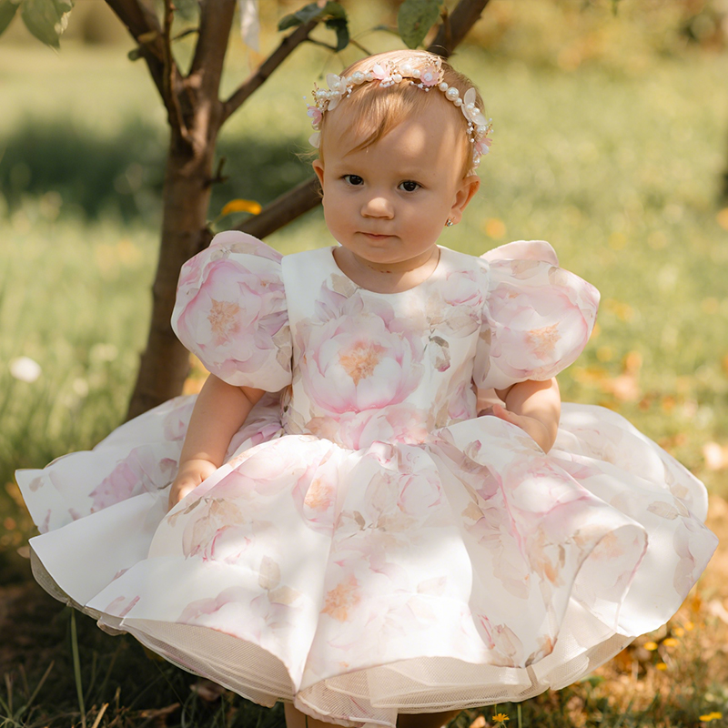 Organza Bow Printing Short Sleeve Midi Dresses - Light Pink - 2-3Y - image 1