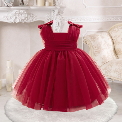 Mesh Bow Sleeveless Midi Dresses - Red - 2-3Y - image 15