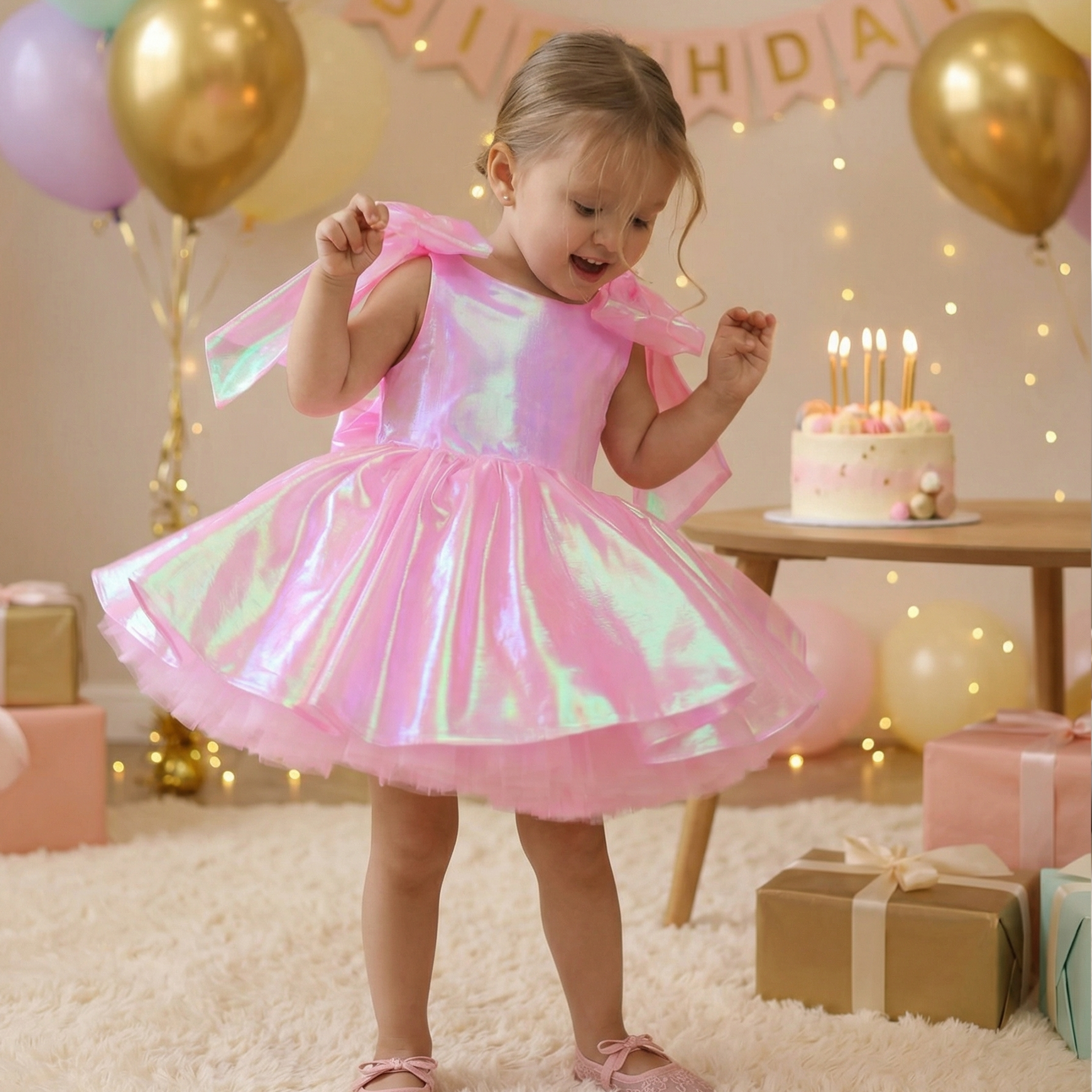 Chemical Fiber Blend Bow Short Sleeve Midi Dresses - Pink - 11-13Y - image 1