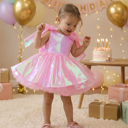Chemical Fiber Blend Bow Short Sleeve Midi Dresses - Pink - 11-13Y - image 1