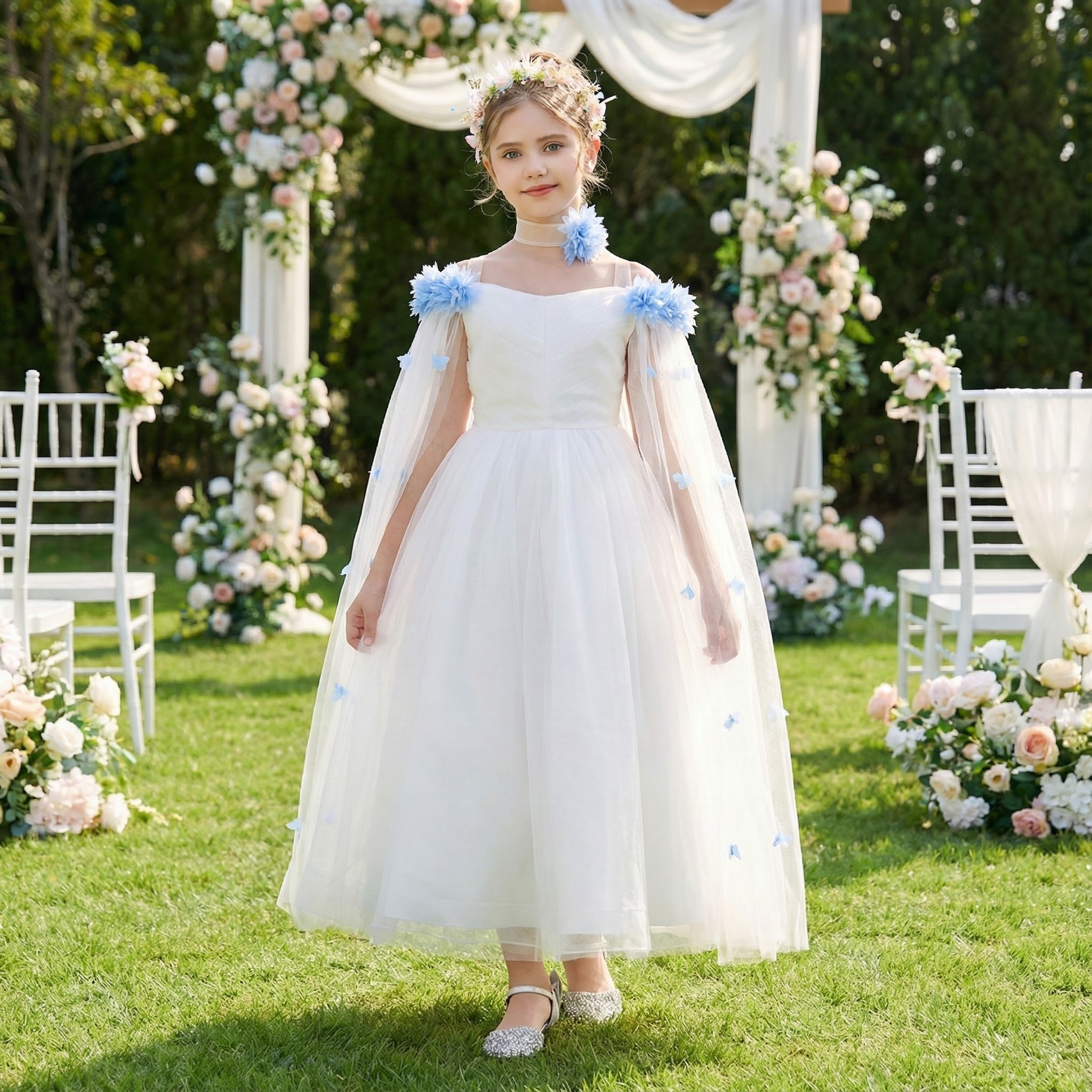 Mesh Rosette Sleeveless Midi Dresses - White&Blue - 11-12Y - image 25