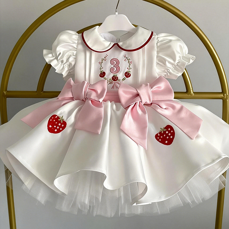 Satin Bow Short Sleeve Midi Dresses - White - 3Y - image 3