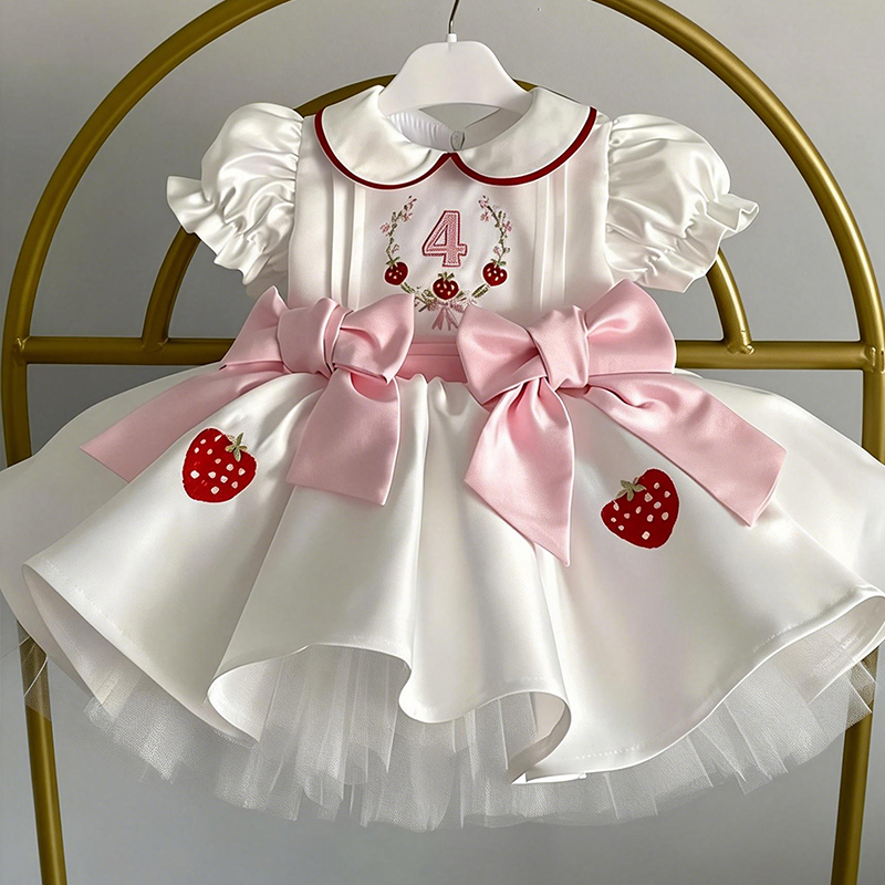 Satin Bow Short Sleeve Midi Dresses - White - 4Y - image 4