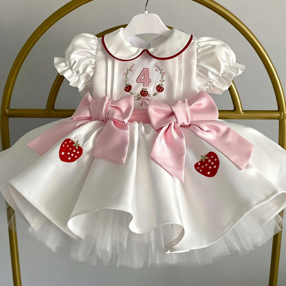 Satin Bow Short Sleeve Midi Dresses - White - 4Y - image 4