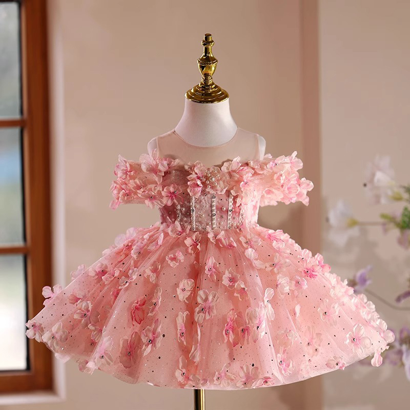 Mesh Rosette Corset Short Sleeve Midi Dresses - Pink - 6-7Y - image 1