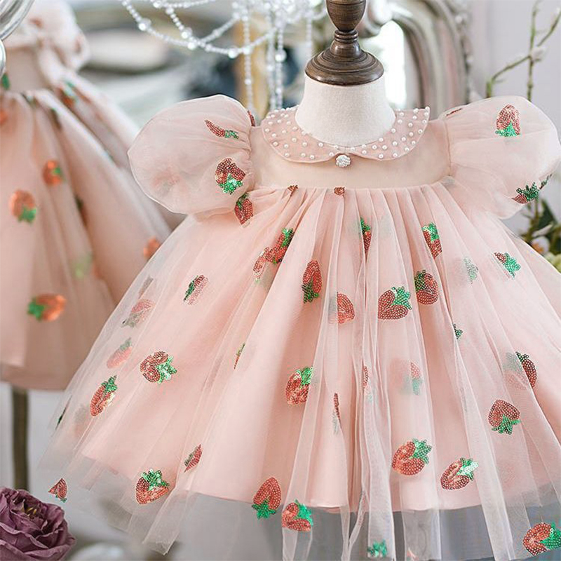 Mesh Glitter Short Sleeve Midi Dresses - Pink - 6-7Y - image 1