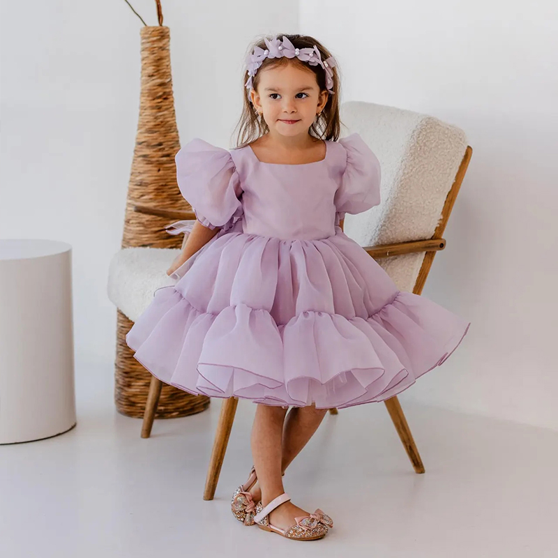 Organza Bow Flouncing Short Sleeve Midi Dresses - Purple - 6-7Y - image 1