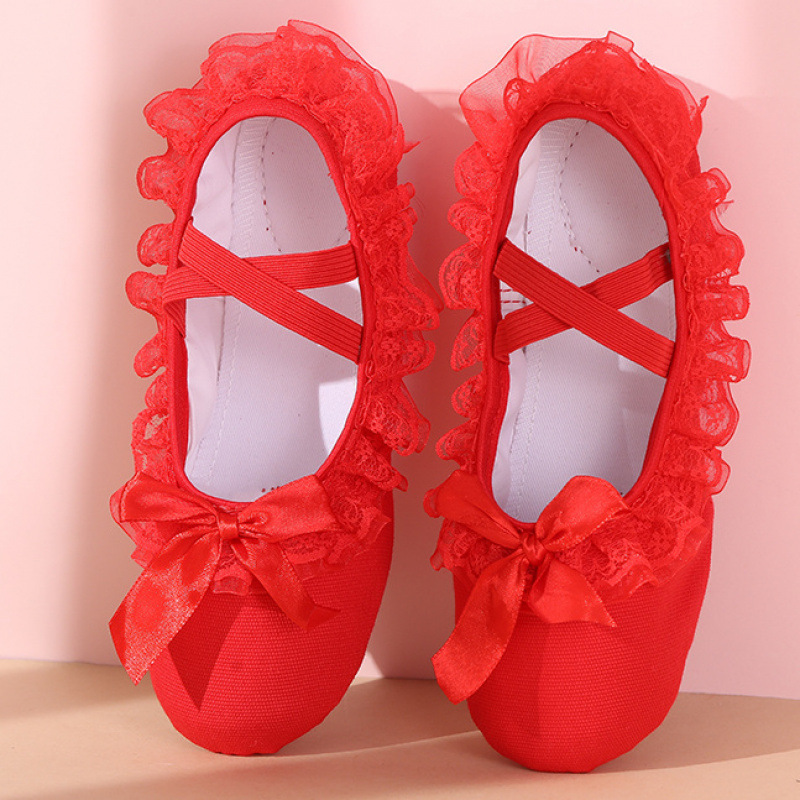 Solid Bow Ballet Round Toe Flats - Lace Bow - Red - 23.0cm - image 4