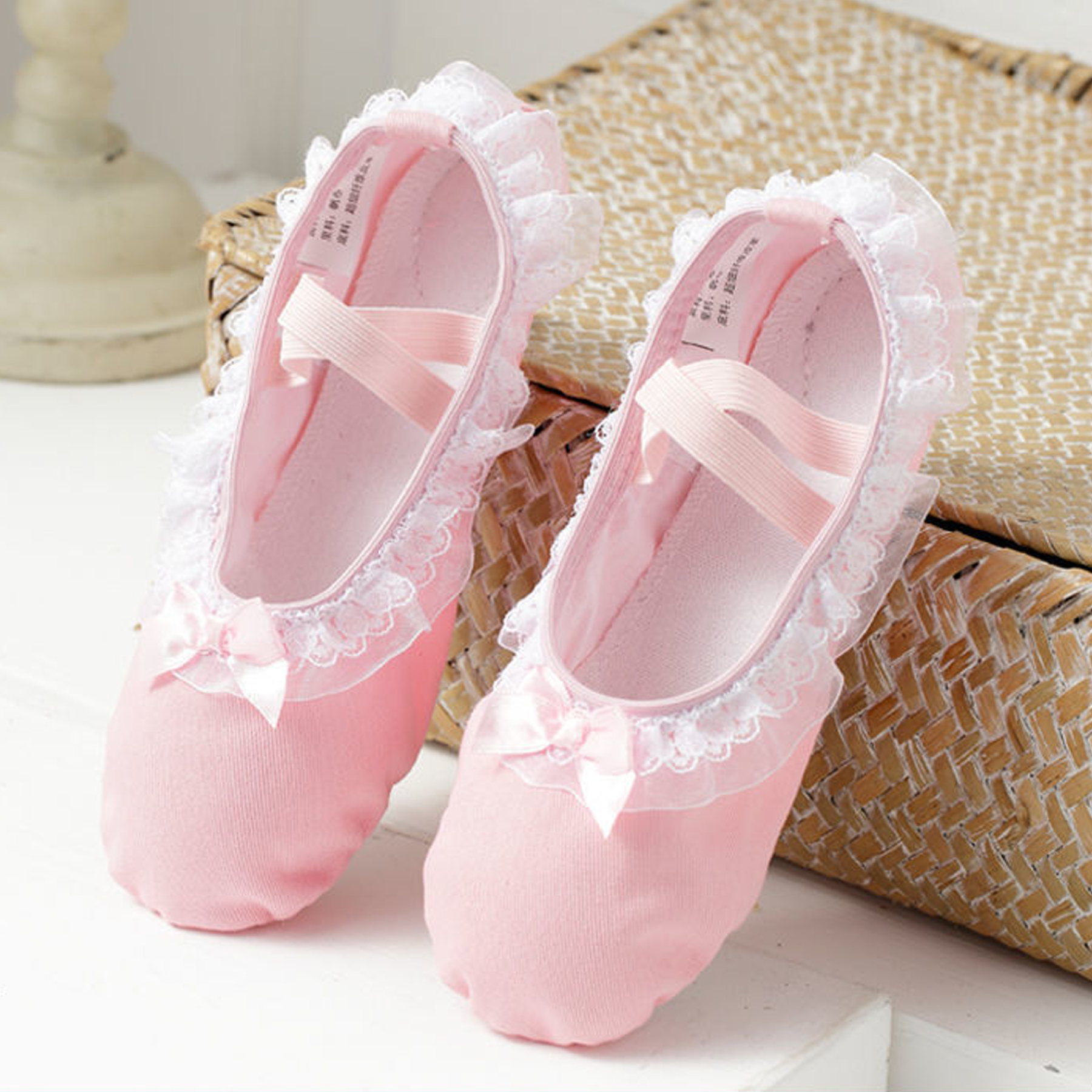 Solid Bow Ballet Round Toe Flats - Diagonal Pattern Lace - Pink - 24.0cm - image 15